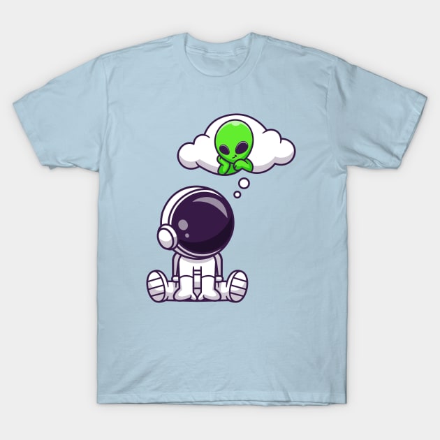 Cute Astronaut Thinking Of Alien Cartoon T-Shirt by Catalyst Labs